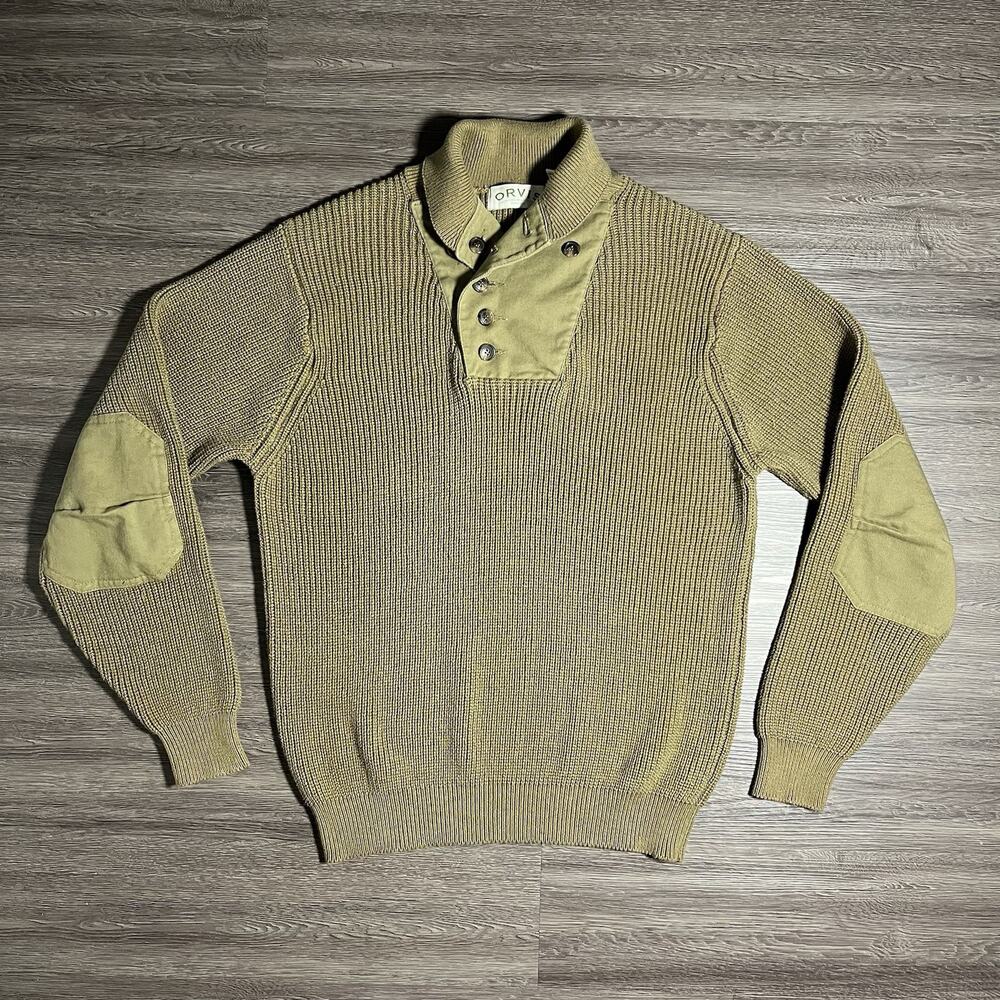 Orvis WWII Mechanic Sweater Men's L Khaki Elbow Patch Shawl Collar EUC